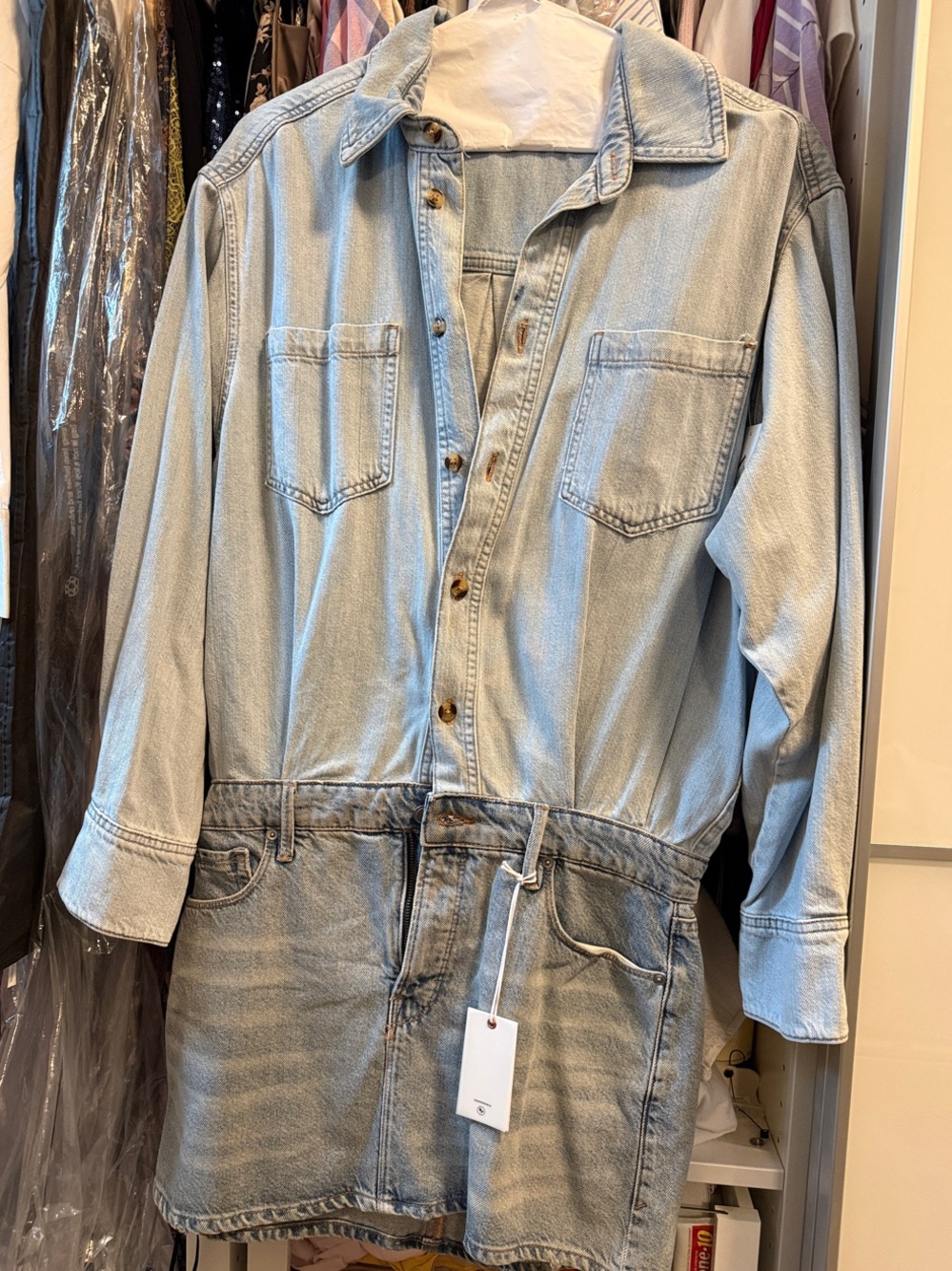 Good American Light Blue Denim Long Sleeve Jumpsuit Dress